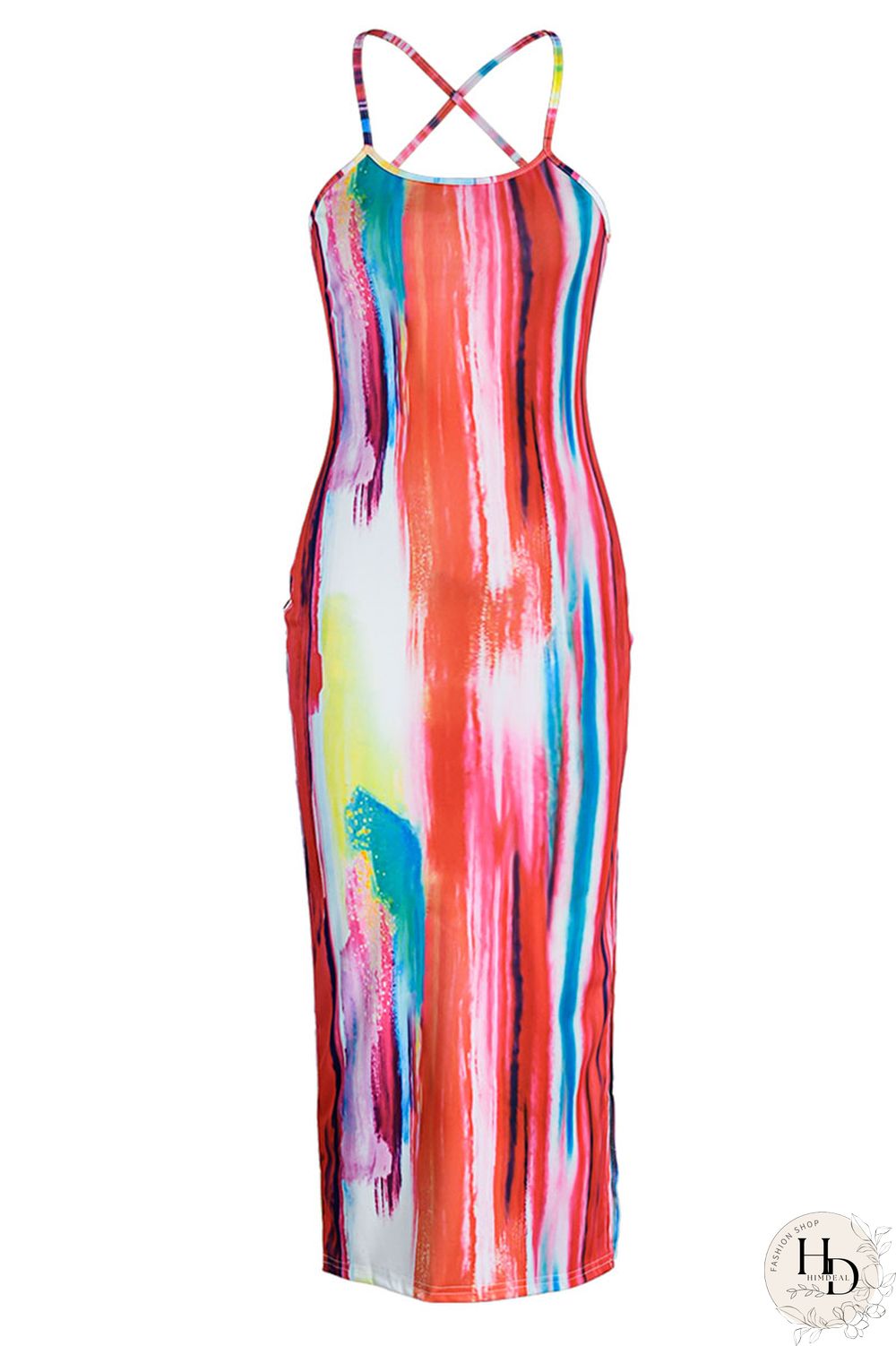 Yellow Sexy Print Hollowed Out Patchwork Slit Spaghetti Strap One Step Skirt Dresses