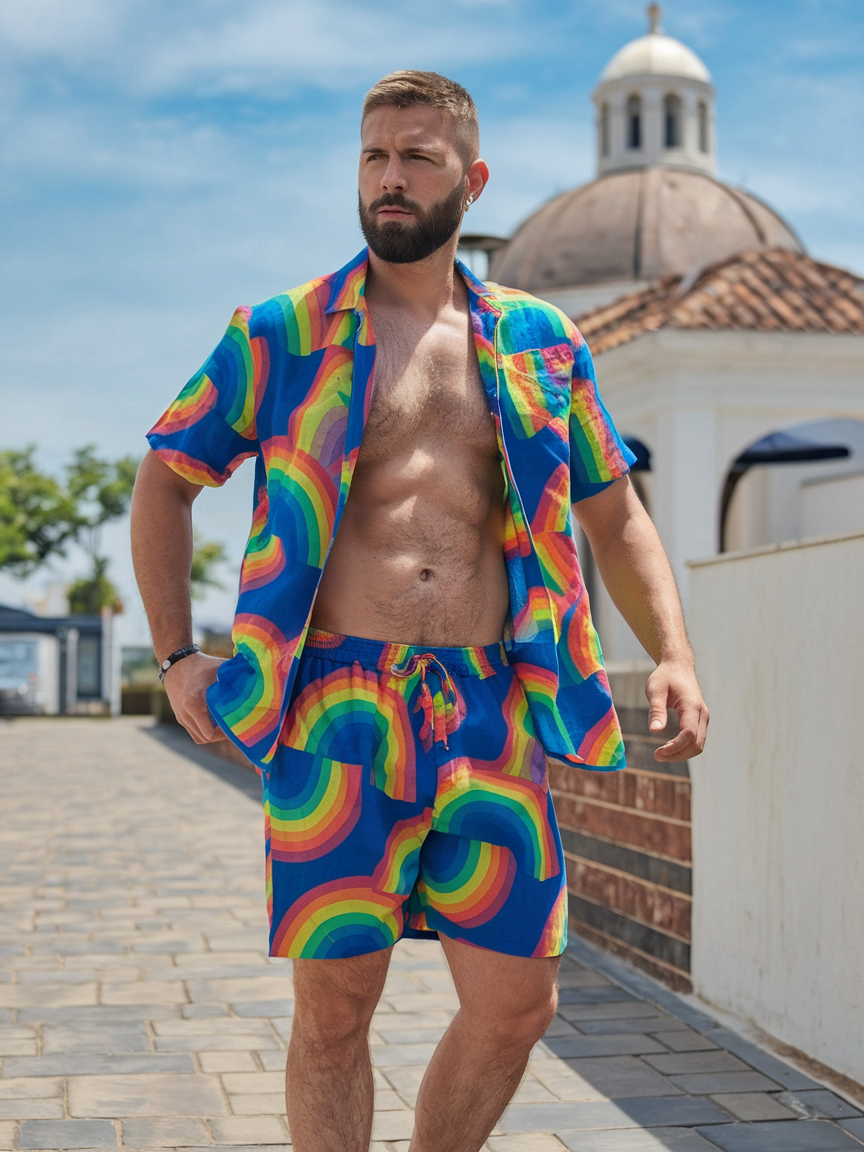 Mr. Rainbow Hawaiian Print Shirt Set