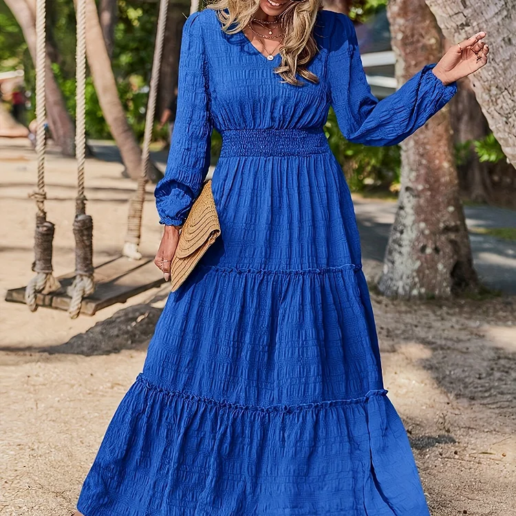 Solid V-neck Textured Maxi Dress, Vacation Style Smocked Long Sleeve Dress, Women's Clothing