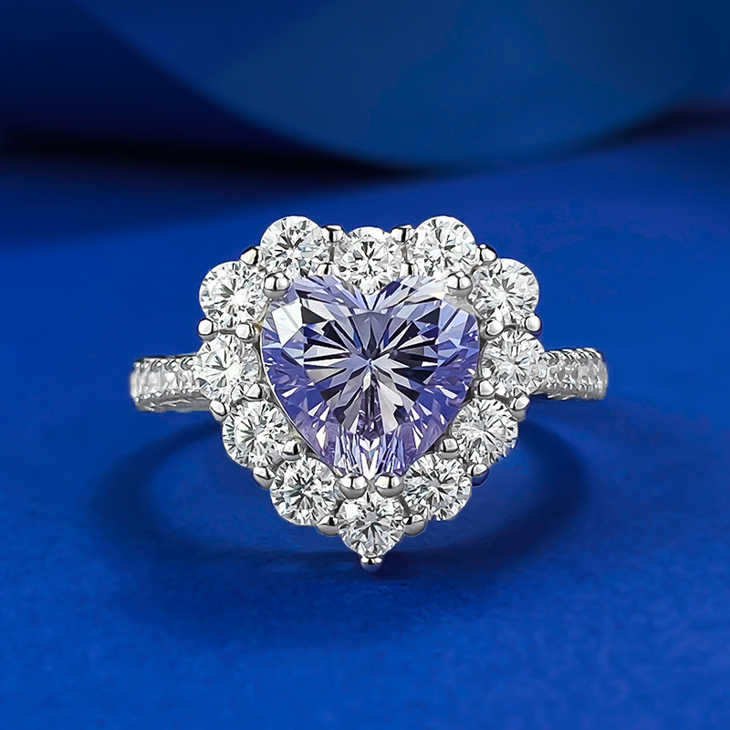 MIKAMU Jewelry S925 Sterling Silver 8*8 Heart-Shaped Lavender Purple Diamond Ring - Romantic and Elegant