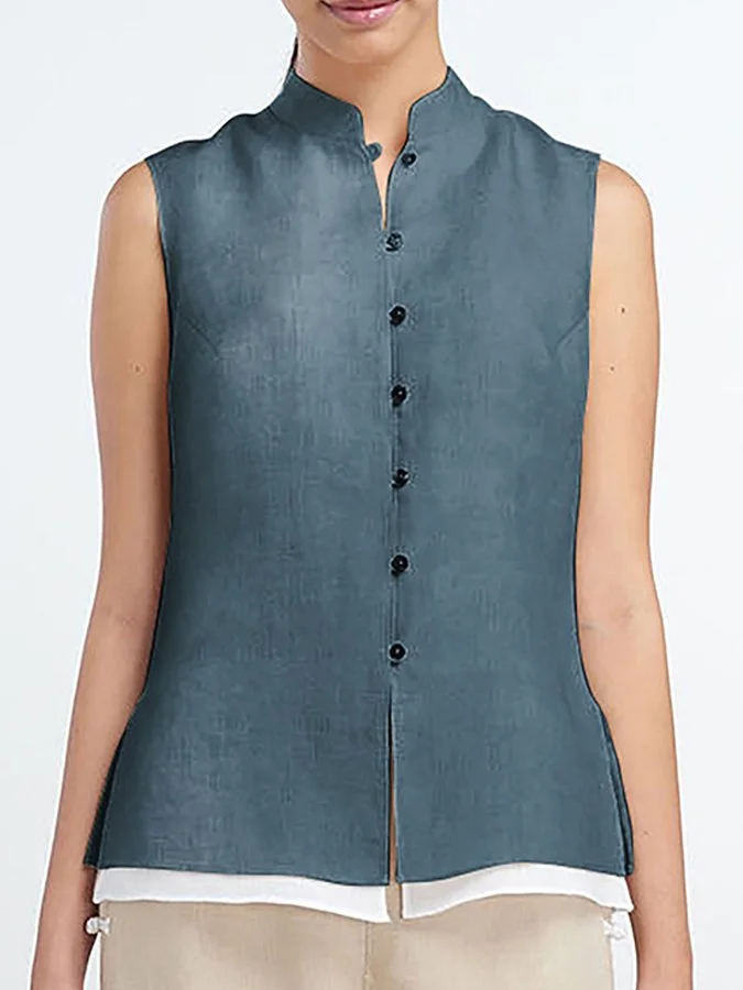 Vintage Solid Button Sleeveless Top