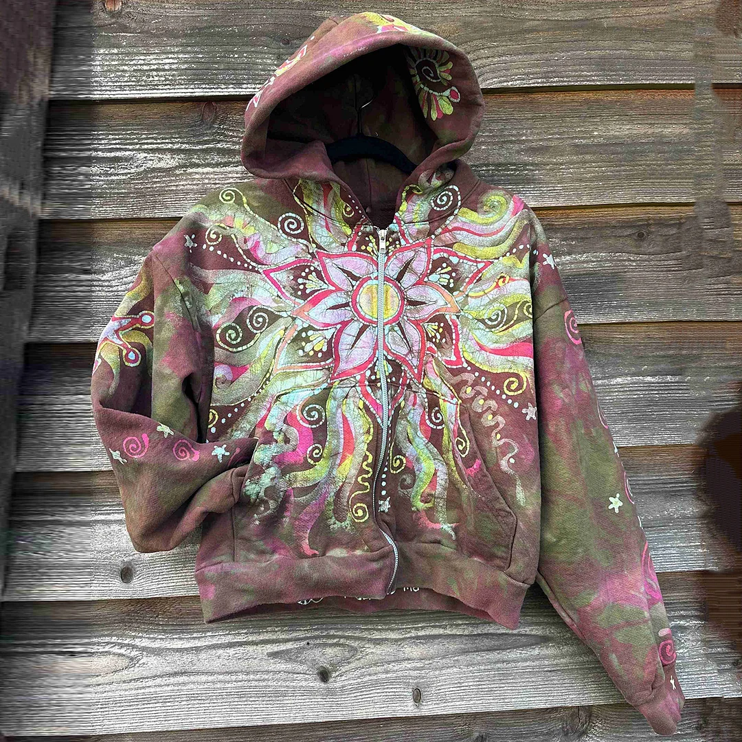 Retro Energy Lotus Flower Graphic Print Zipper Up Hoodie