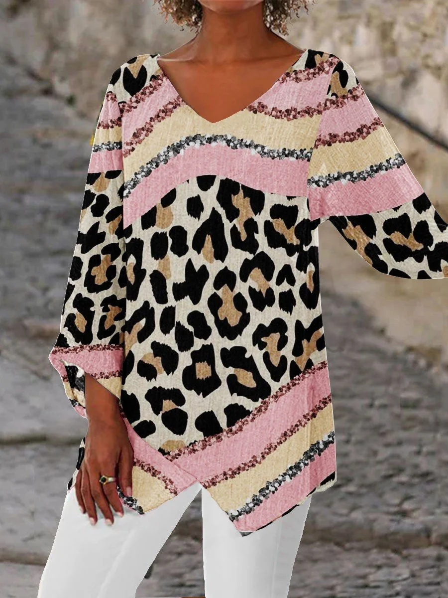 Women Asymmetrical 3/4 Sleeve V-neck Leopard Striped Graphic Top Dress