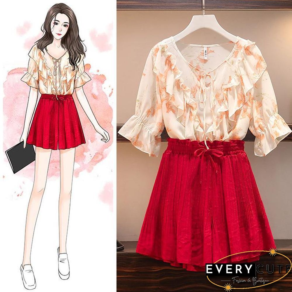 Pastoral Floral Chiffon Blouse + High Waist Shorts P13851
