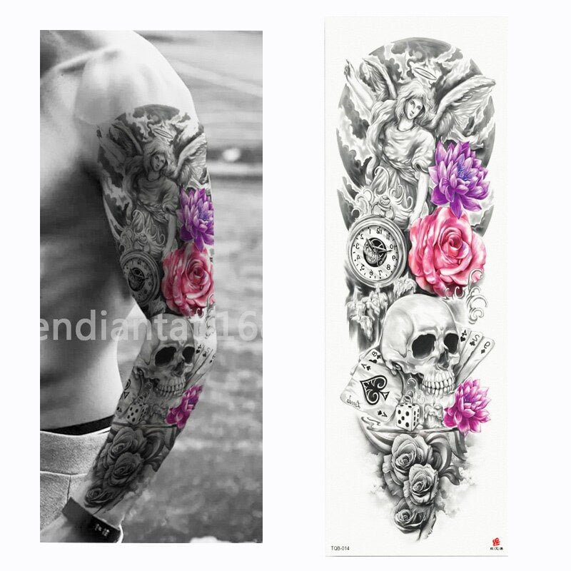 2018 New Full Flower Arm Tattoo Sticker Skeletons and Roses Temporary Body Paint Water Transfer Tattoo Sleeve