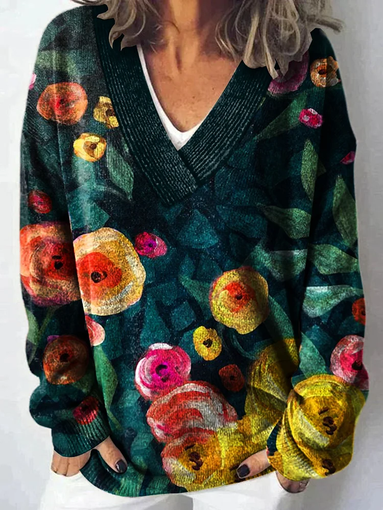 Retro Floral Art  Print Knit V-neck Pullover Sweater