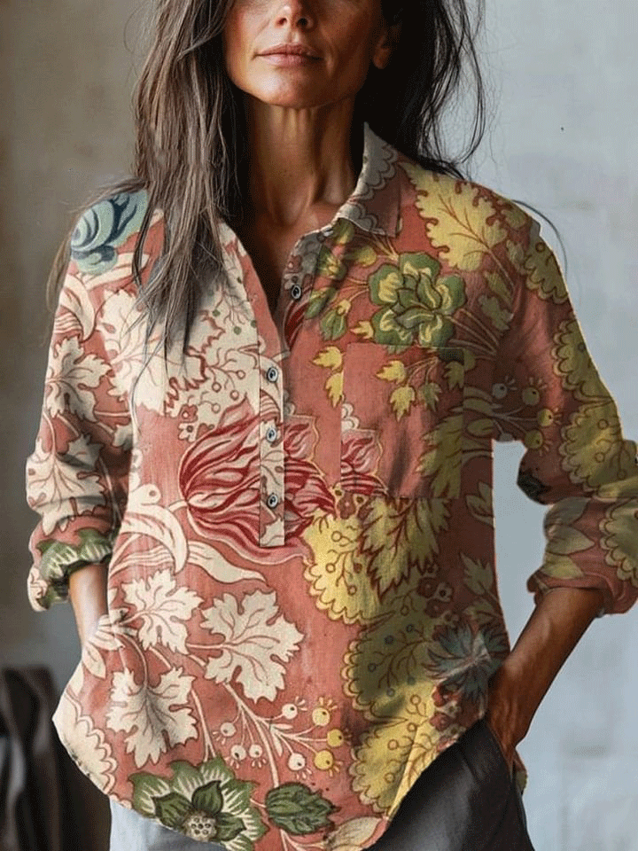 Women's   Flowers Art Print Casual Cotton And Linen Shirt
