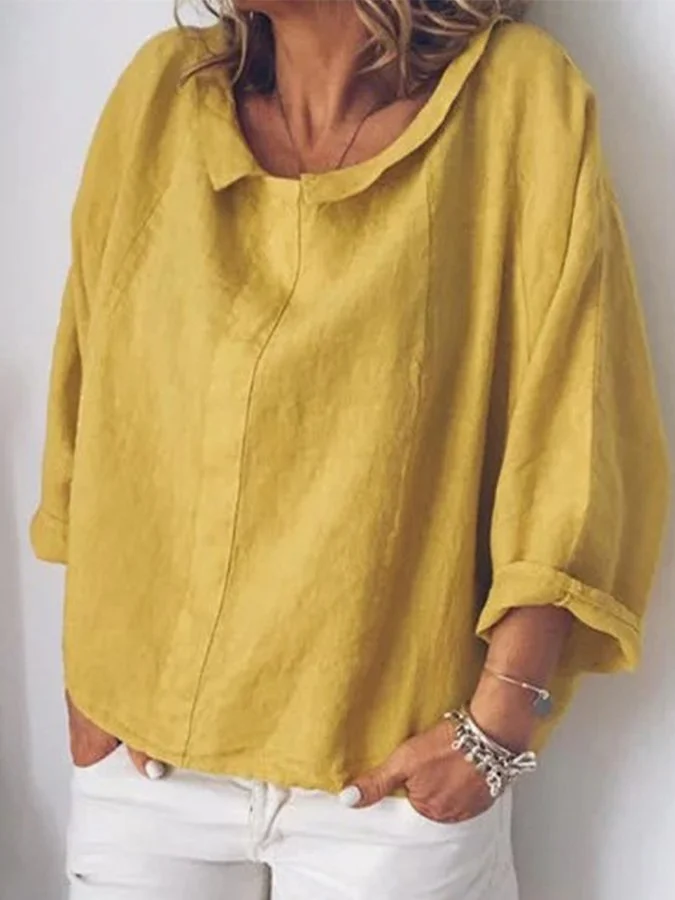 Women's Solid Color Small Lapel Pullover Cotton Linen Shirt