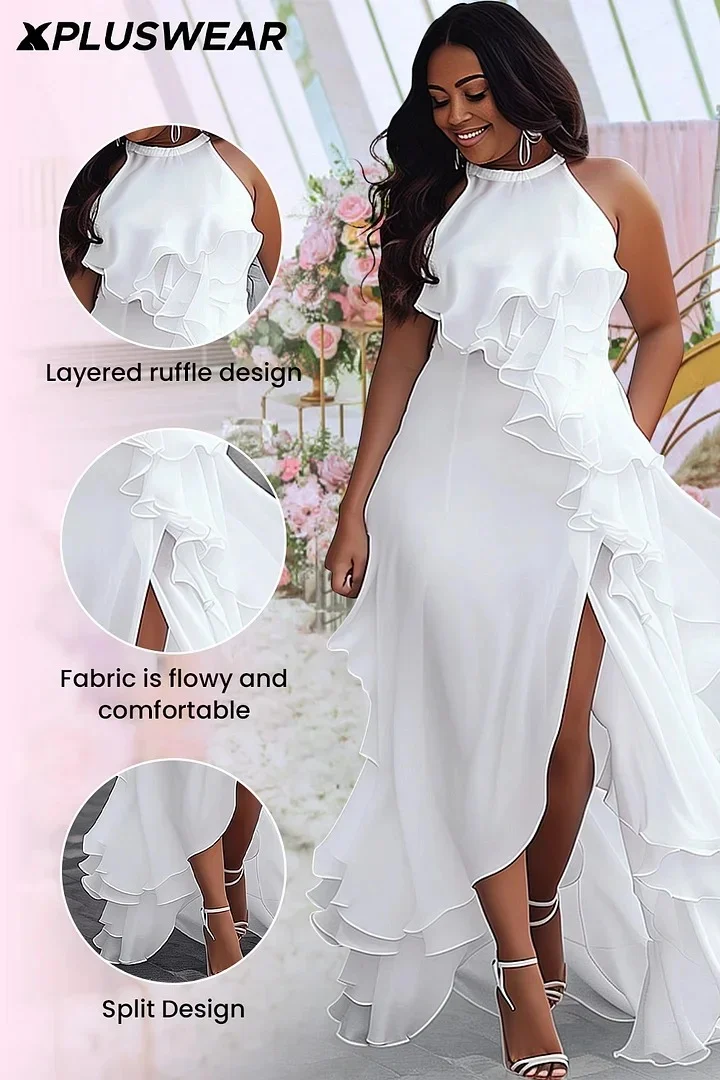 Xpluswear Design Plus Size Wedding White Halter Collar Sundress Split Ruffle Maxi Dresses