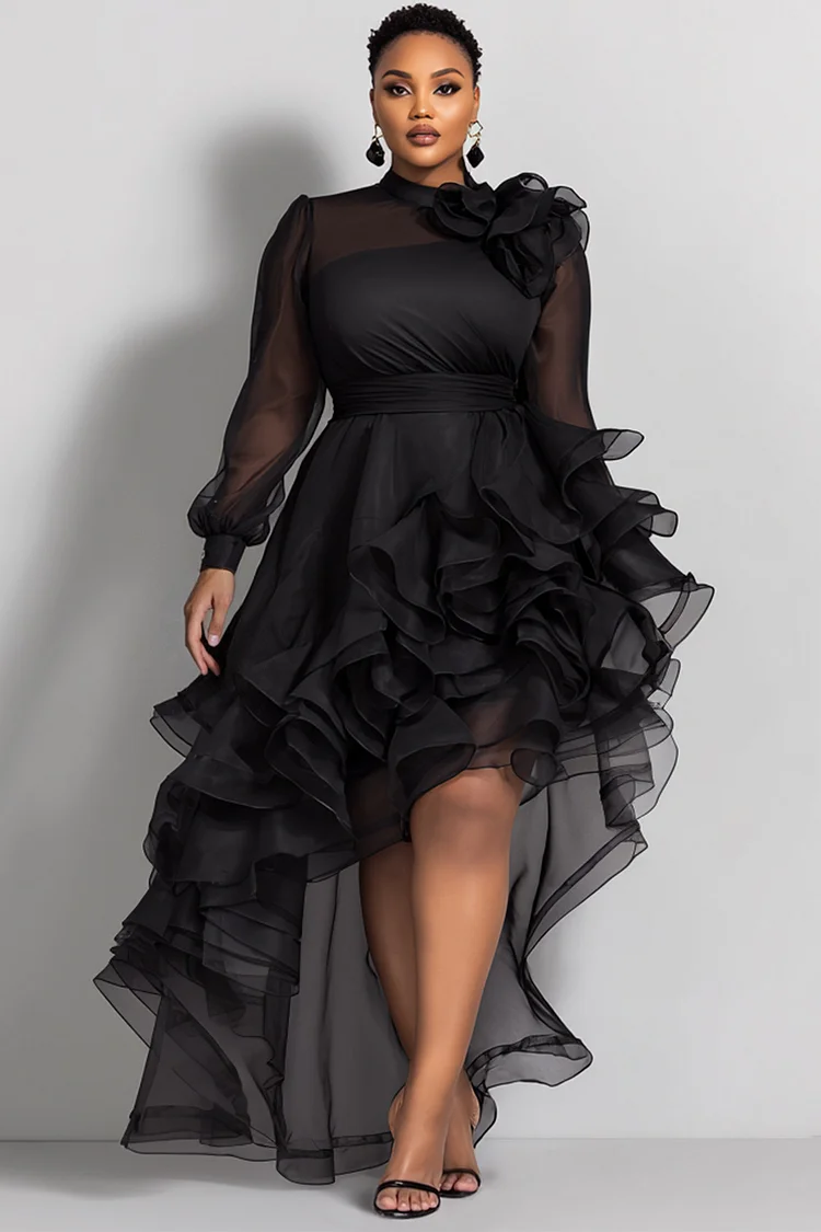Xpluswear Design Plus Size Cocktail Party Black Round Neck Long Sleeve 3D Elegant High Low Hem Organza Midi Dresses [Pre-Order]