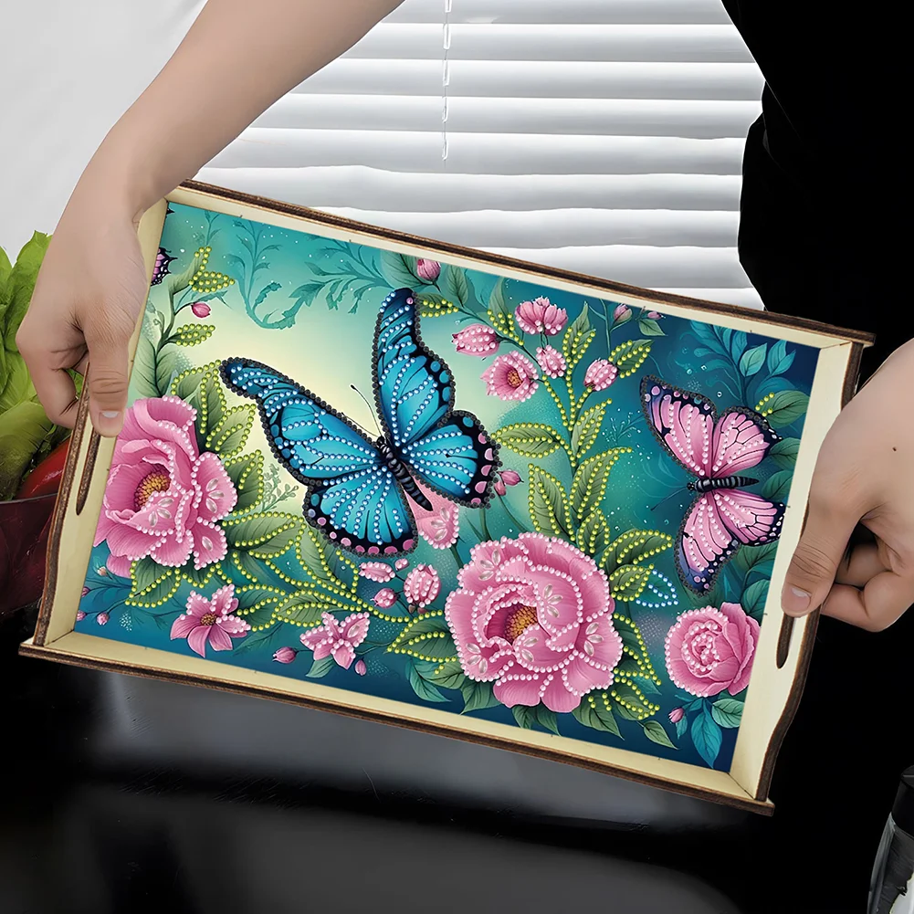 DIY Diamond Painted Dining Plate with Handle Wooden Food Tray Home Decor Gift