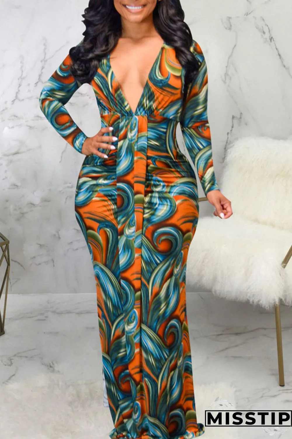 Blue Sexy Print Patchwork V Neck Long Sleeve Dresses