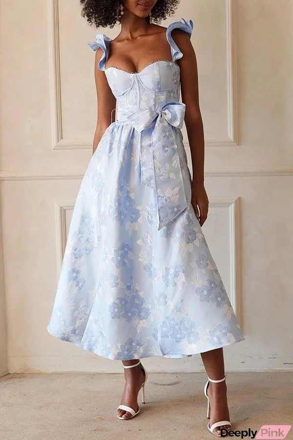 Floral Print Bow High Waist Pocket Midi Dress