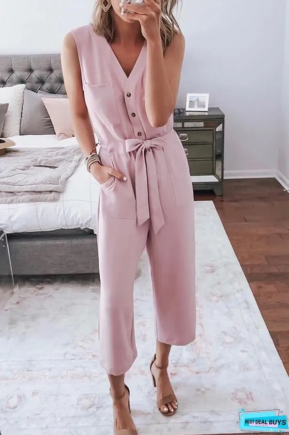 Buttoned Sleeveless Cropped Jumpsuit With Sash