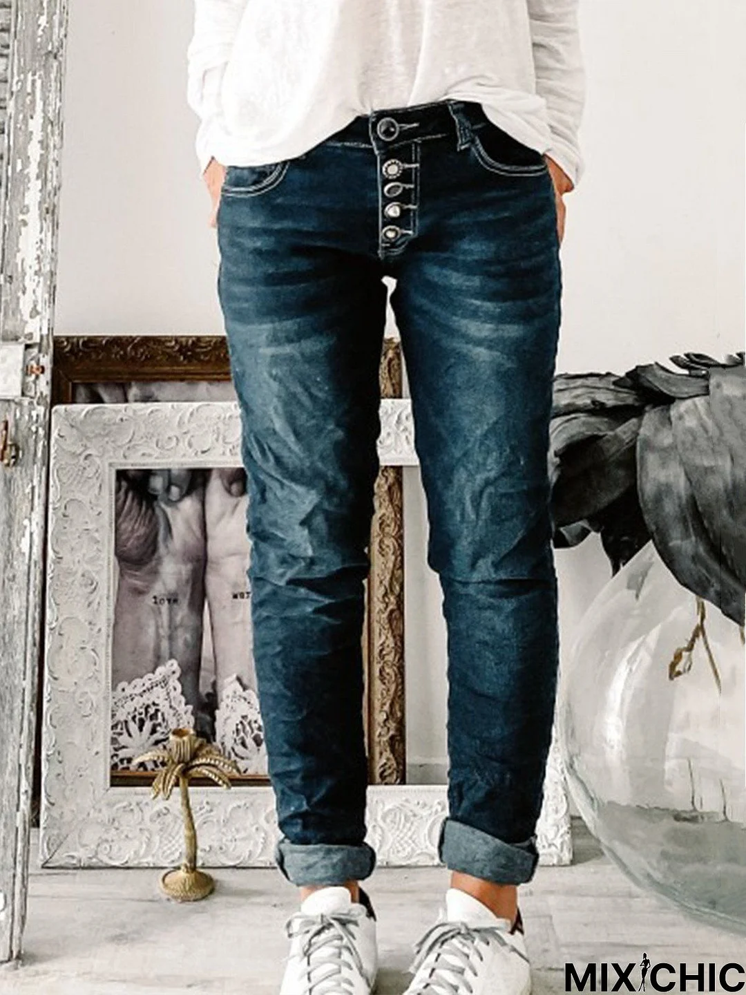 Deep Blue Buttoned Casual Denim Jeans