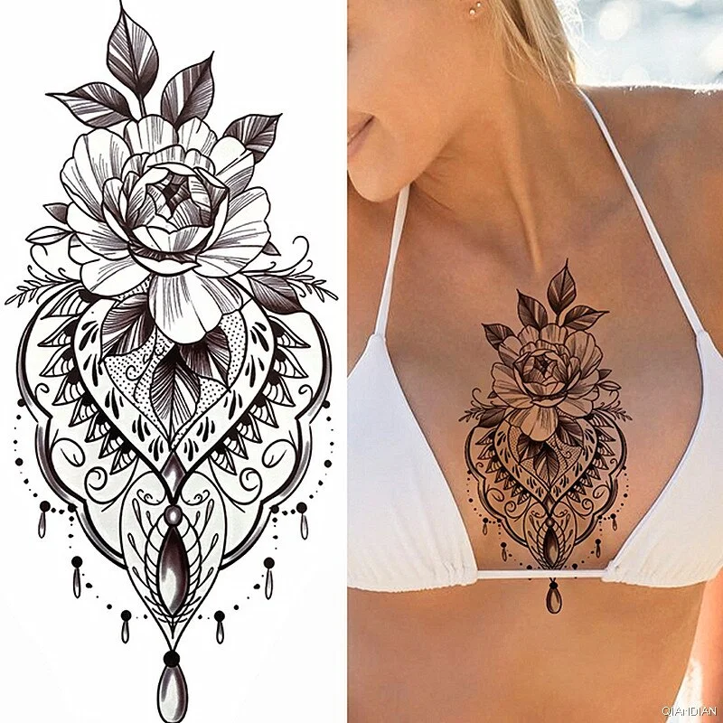 Black Sexy Flower Temporary Tattoos Sticker Arm Sleeve Rose Tree Skull Lion Bear Snake Henna Body Decorate Fake 3D Women Totem