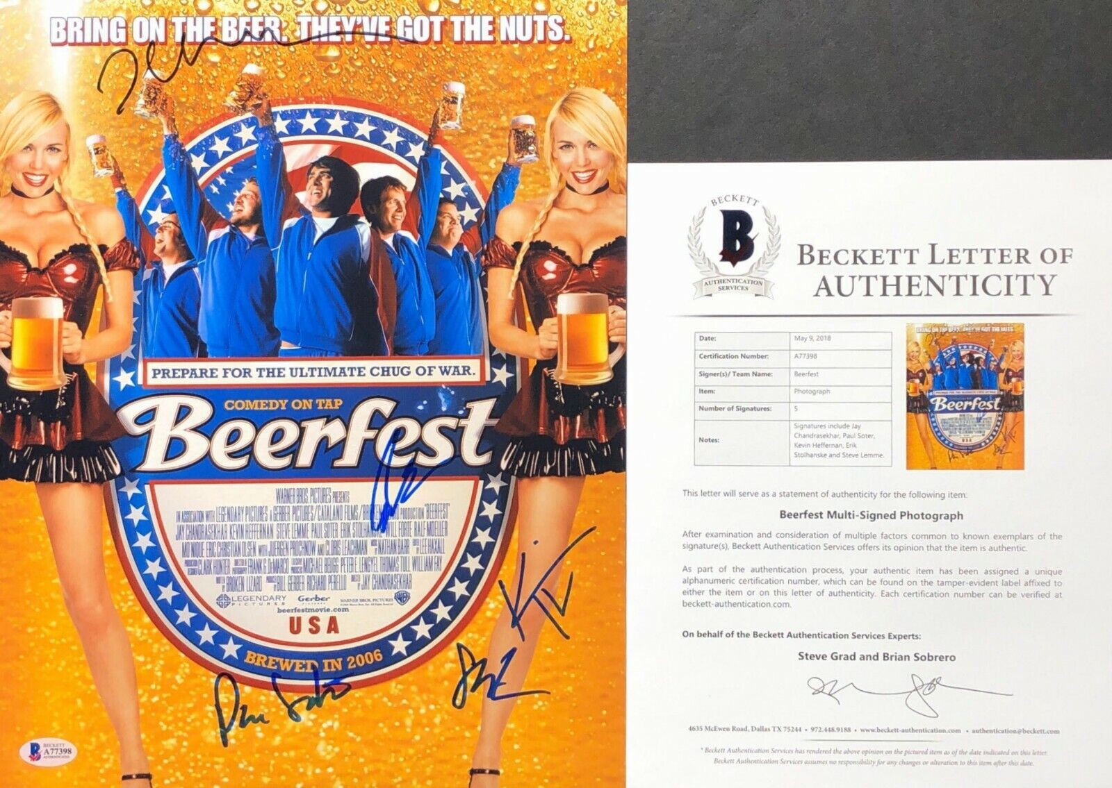 Paul Soter Kevin Heffernan Erik Stolhanske +2 Signed Beerfest 11x14 Photo Poster painting BAS