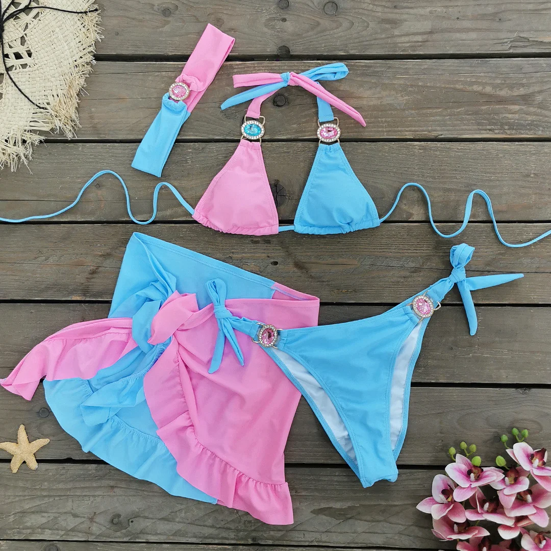 Uveng Solid Color Splicing Three-Point Bikini Short Skirt Three-Piece Split Swimsuit Women 2025 New