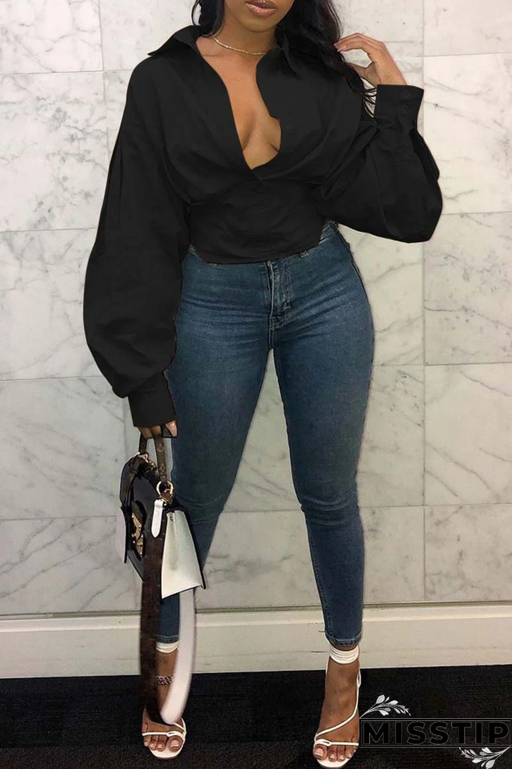 Black Casual Solid Patchwork Turndown Collar Tops