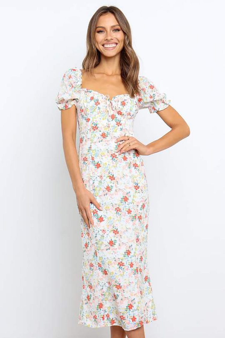 Floral Print Puff Sleeve Square Neck Midi Dress