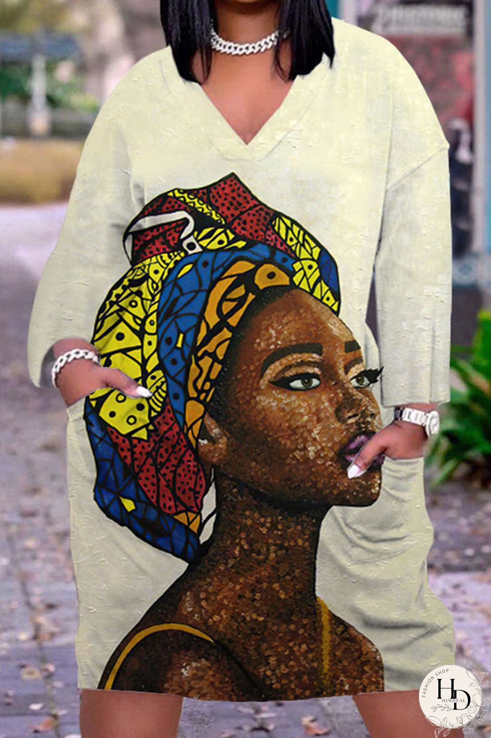 Yellow Brown Casual Print Patchwork V Neck Straight Dresses