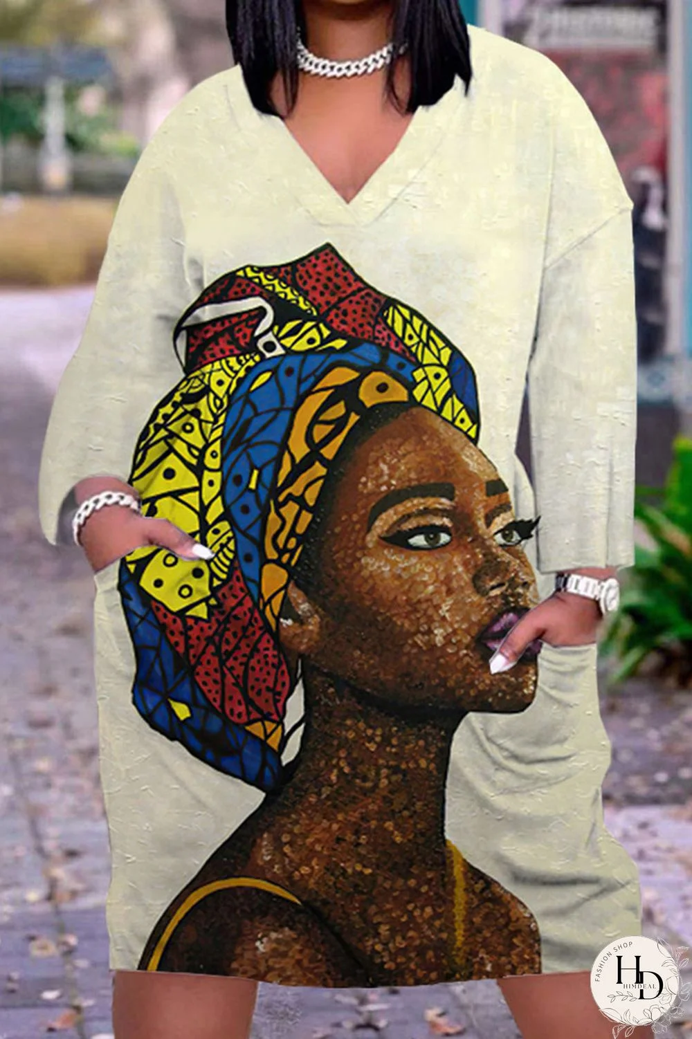 Yellow Brown Casual Print Patchwork V Neck Straight Dresses