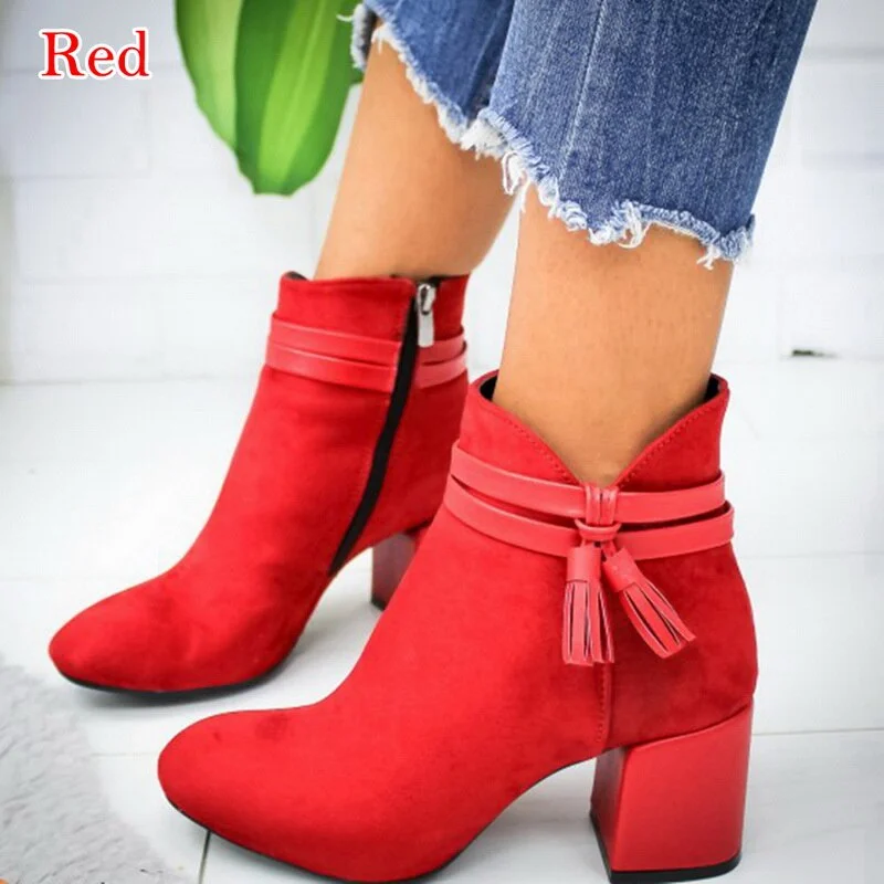 2020 Red Tassel Ankle Shoes Women's Shoes Single Boots Autumn Winter Pointed Toe Thick with Short Boots