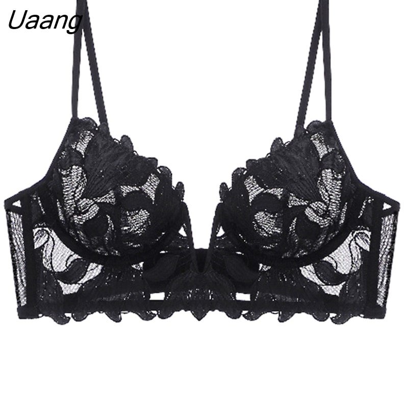 Uaang Lace Bralette Sexy Underwear Embroidery Lingerie Top Deep V Underwire Mesh Stitching Ultra-thin Bra Women's Panties