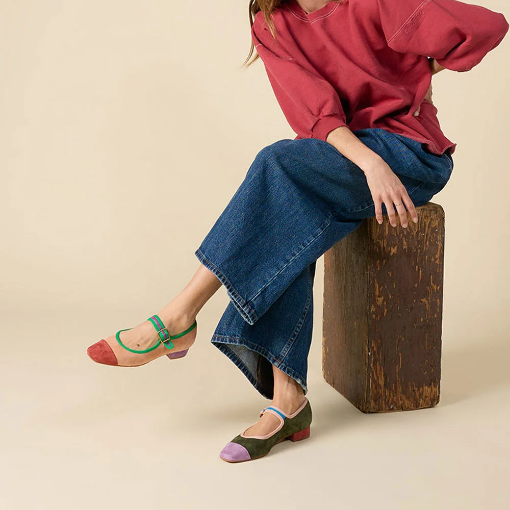 YDN Multicolor Vegan Suede Square Toe Buckle Strap Mary Jane Flats