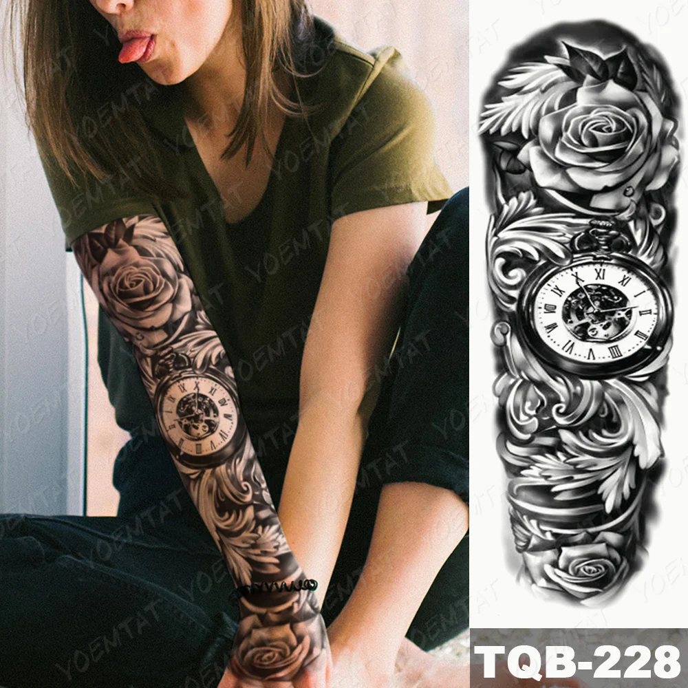 Sdrawing Arm Sleeve Tattoo Tiger Palm Lighthouse Waterproof Temporary Tatto Sticker Compass Beach Body Art Full Fake Tatoo Men