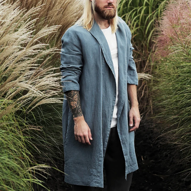 100% Natural Linen Long Sleeve Cardigan Trench Coat