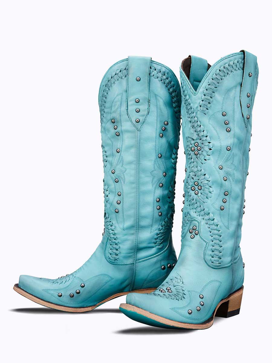 Vintage Turquoise Snip Toe Braided Detail Studded Knee Cowgirl Boots