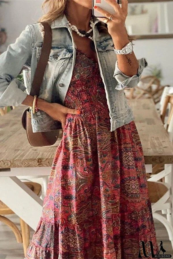 MidiSono - Print V Neck Smocked Maxi Dress