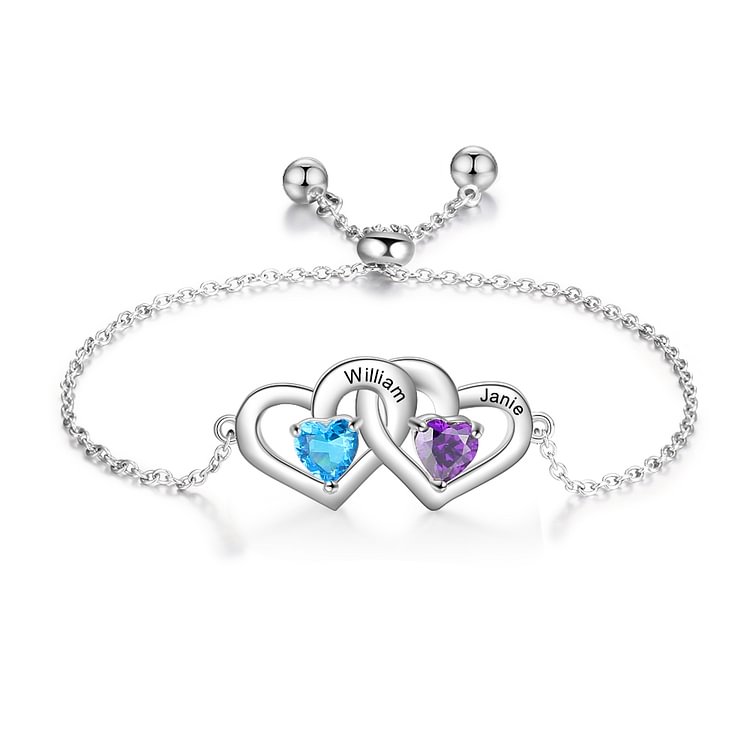 Pulsera ajustable 2 nombres corazones 2 Piedras de nacimiento