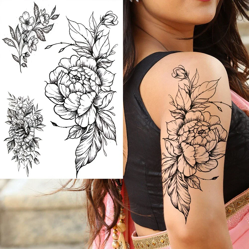 Sdrawing Lily Flower Temporary Tattoos For Women Adults Fake Lotus Orchid Dahlia Peony Tattoo Sticker Black Waterproof 3D Tatoos Arm