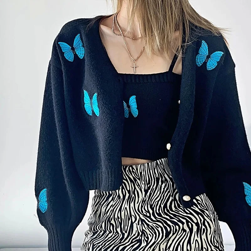 Women's Cardigan Sweaters Cropped Jackets Knitted Coats Femme Puff Sleeves Knit Tops Two Piece Knitwear Bow Cute Chic Crop Tops