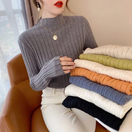Mongw Sweater Women's Thin Half-High Collar Solid Color Knitted Sweater 2023 Autumn And Winter New Stylish Slimming Blouse