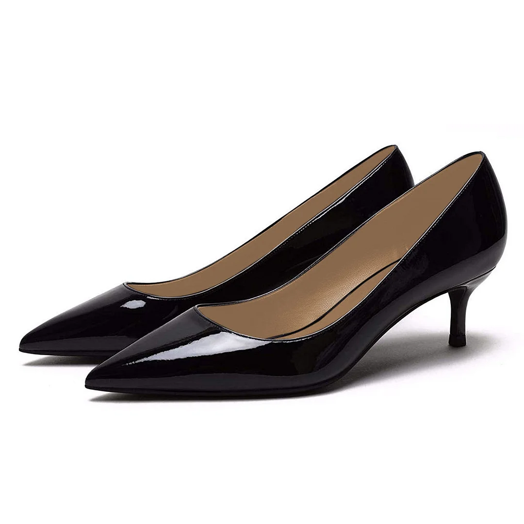 Black Patent Leather Low Heel Closed Pointed Toe Slip-On Pumps Shoes