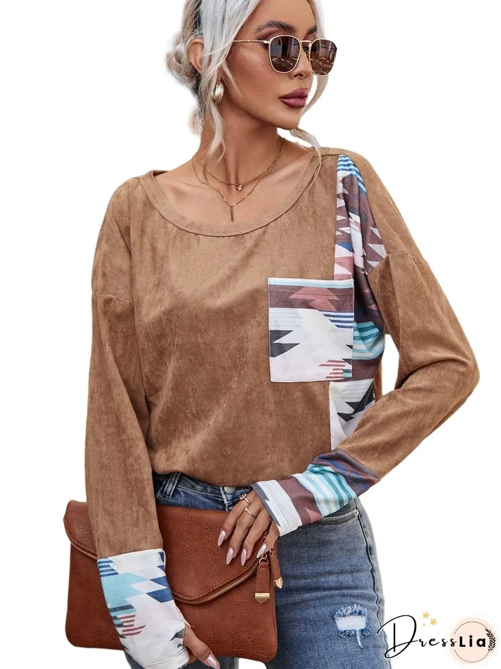 Cozy Brown Aztec Print Patched Pocket Long Sleeve Shirt