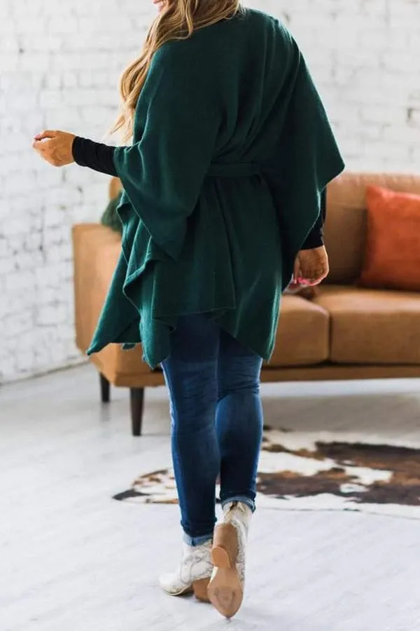Solid Color Belt Batwing Sleeve Coat