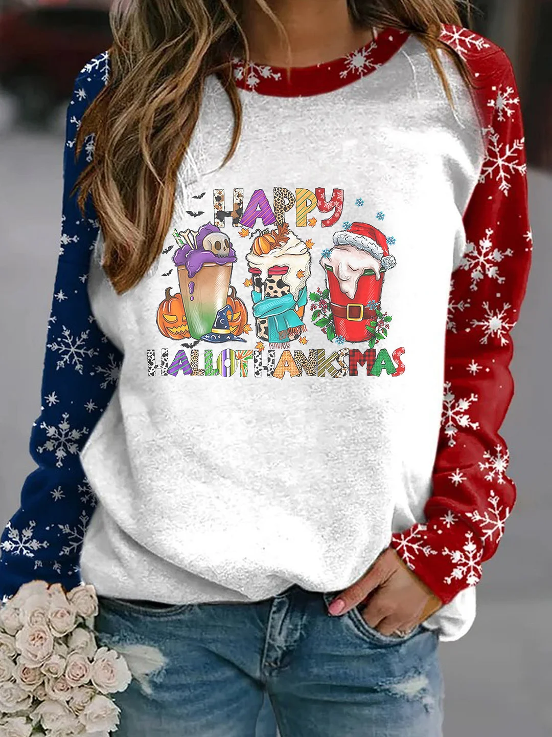 Happy Hallothanksmas Holiday Coffee Print Crew Neck Sweatshirt