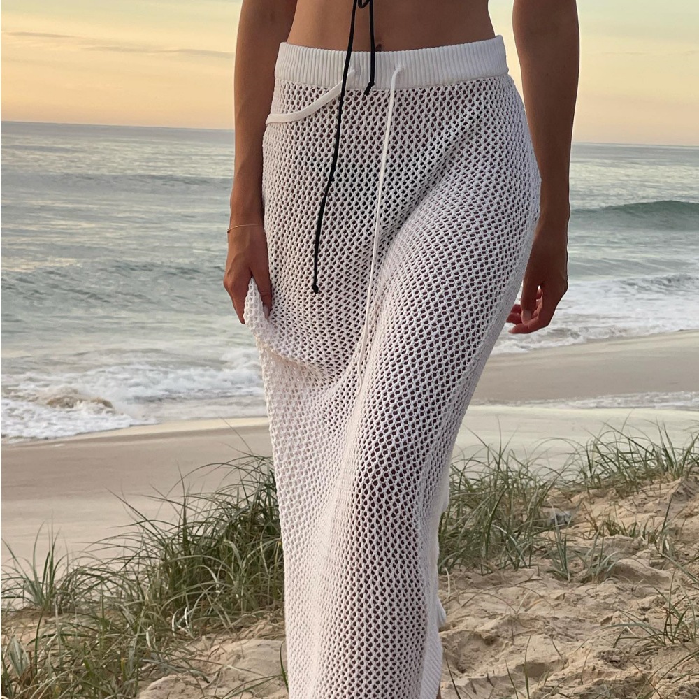Ootddress Hollow Out Knit Long Skirt For Women See-Through Casual Holiday Beach Skirt Outfits Solid Knitwear Lace-Up Women Y2k Skirt
