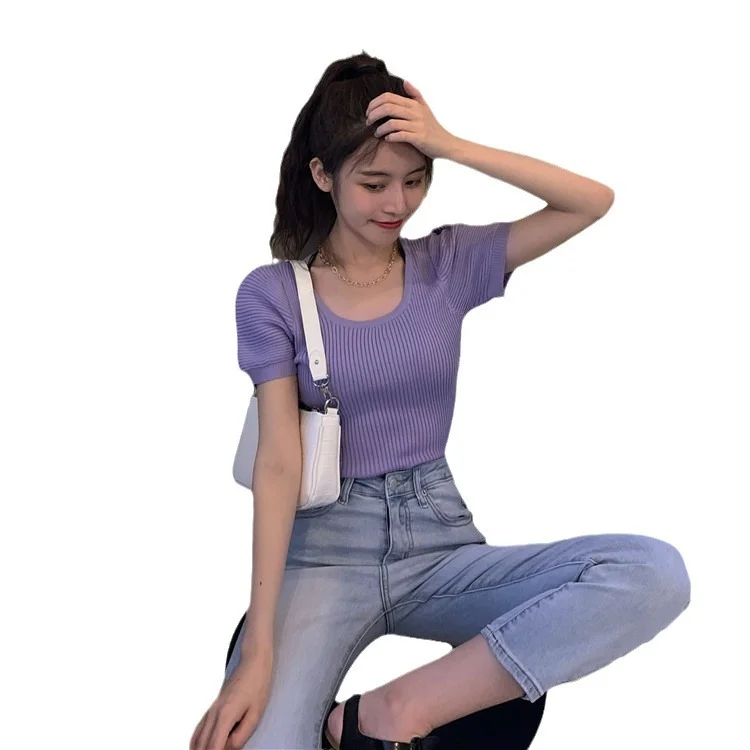 Uveng Uveng New Chic Temperament Slimming Foam Sleeve Round Collar Knitted Short-Sleeved T-Shirt White Blouse Tide