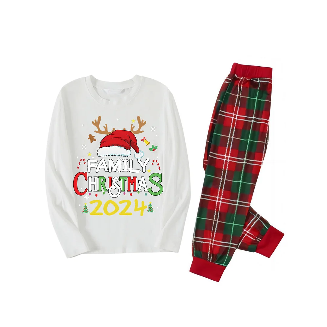 Red Santa Hat "2024 Family Christmas" Monogram Print Contrast White Long Sleeve with Vintage Red&Green Plaid Pants Family Matching Pajamas