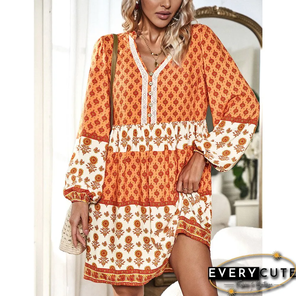 Orange Bohemia Print Button Detail V Neck Long Sleeve Dress