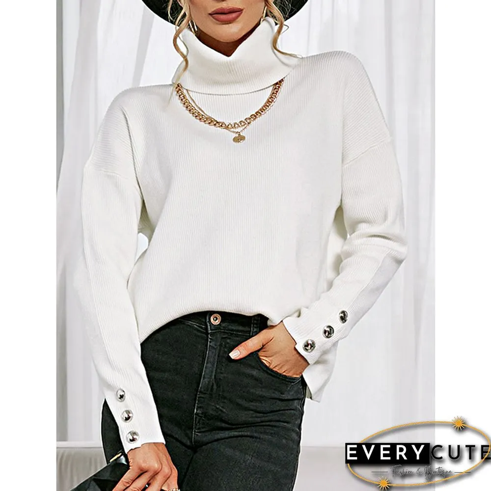 White Turtleneck Button Cuff Long Sleeve Knit Sweater