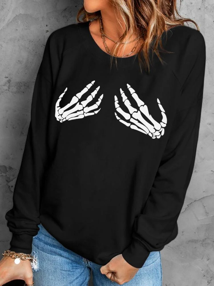 Black Hand Skeleton Graphic Pullover Halloween Sweatshirt For Women