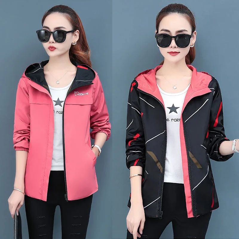 NEEDBO Women Hooded Jackets Two Side Wear Print Outwear Coat Female Windbreaker Tops Pocket Zipper Jackets Causal Windbreaker