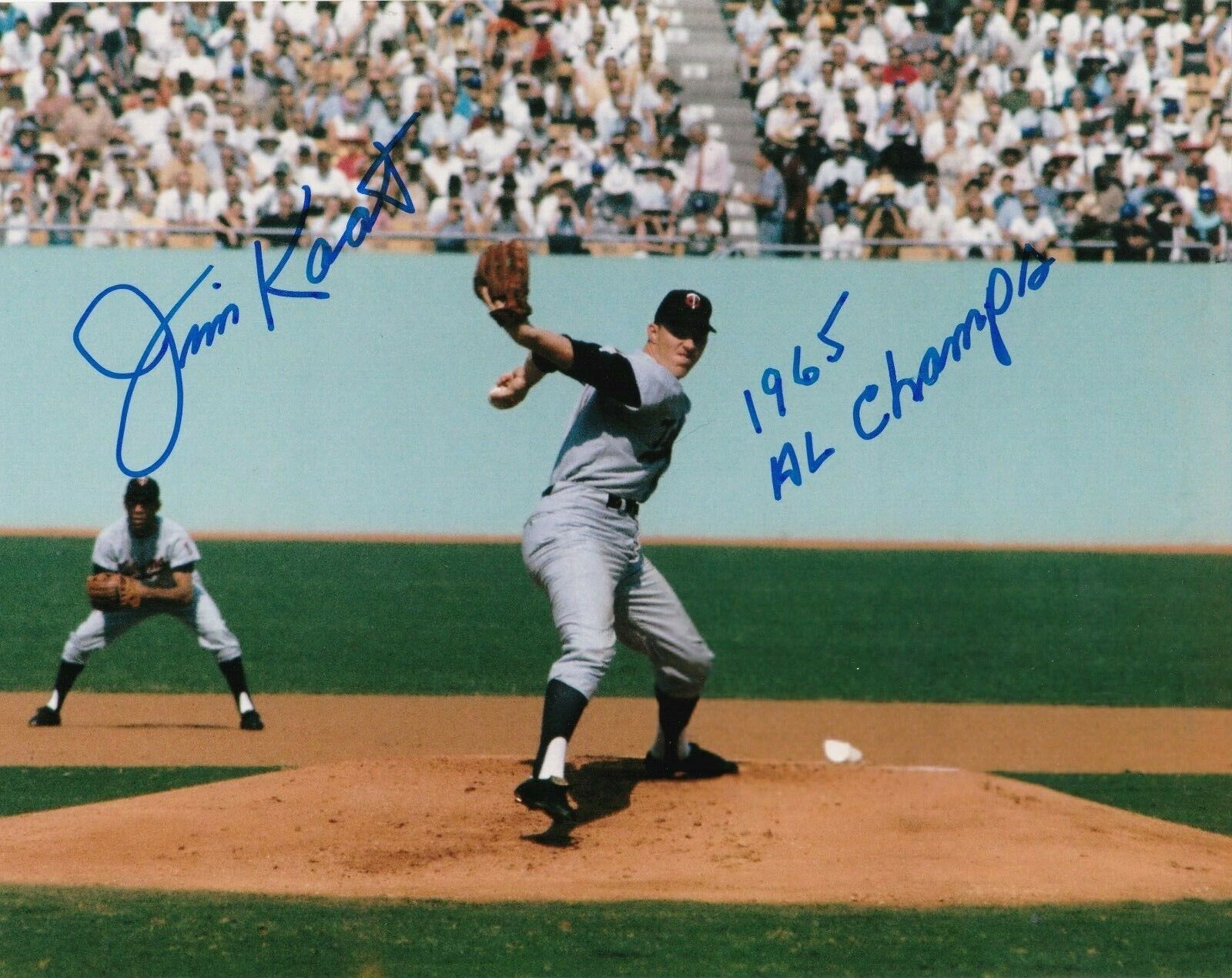 JIM KAAT MINNESOTA TWINS 1965 AL CHAMPS ACTION SIGNED 8x10