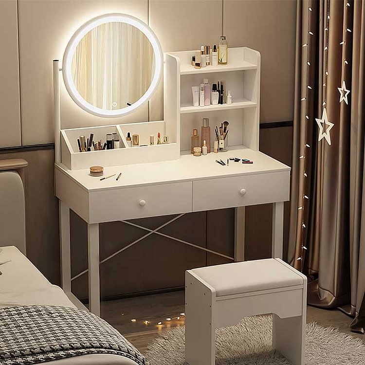 White Original Wood Color Double Drawer Round Mirror Dressing Table
